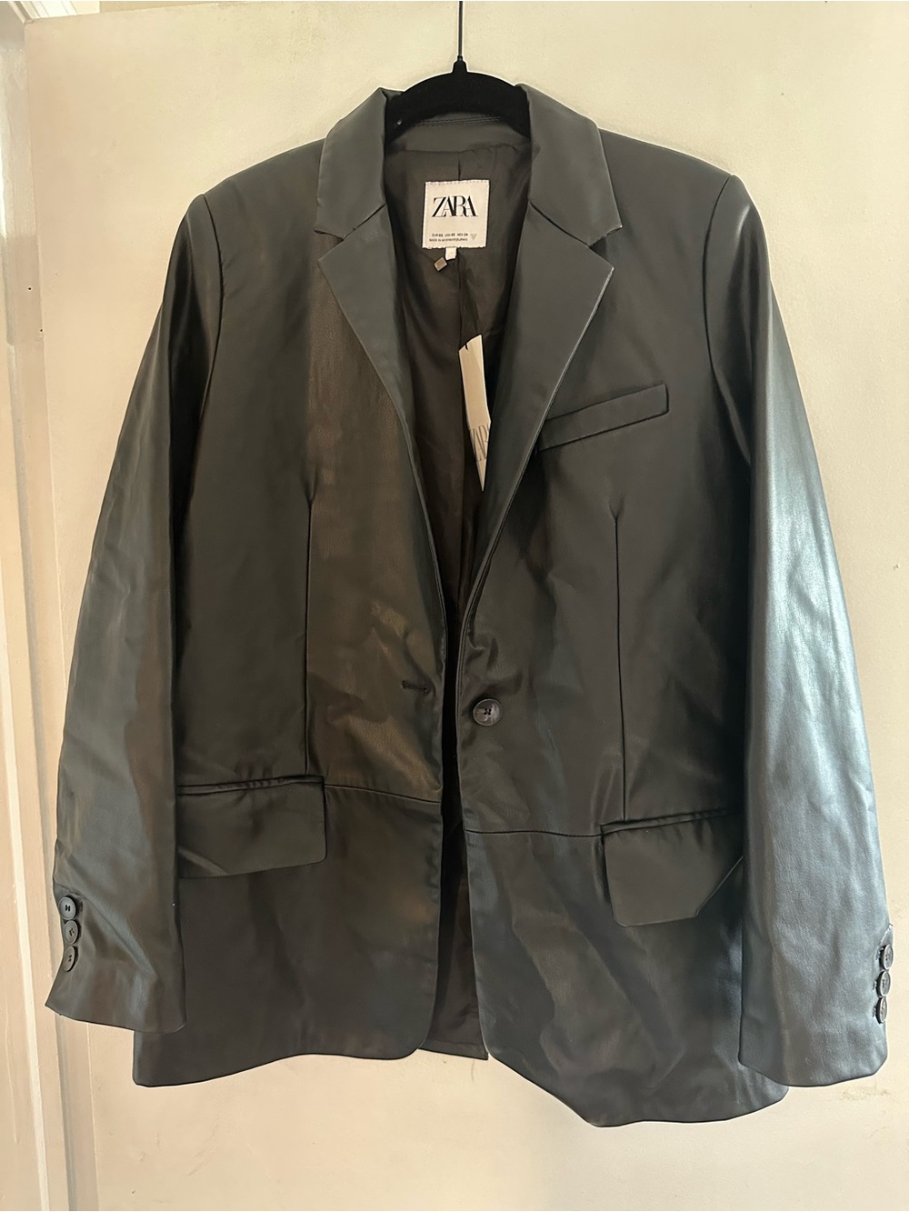 Zara Black Faux Leather Single-Button Blazer